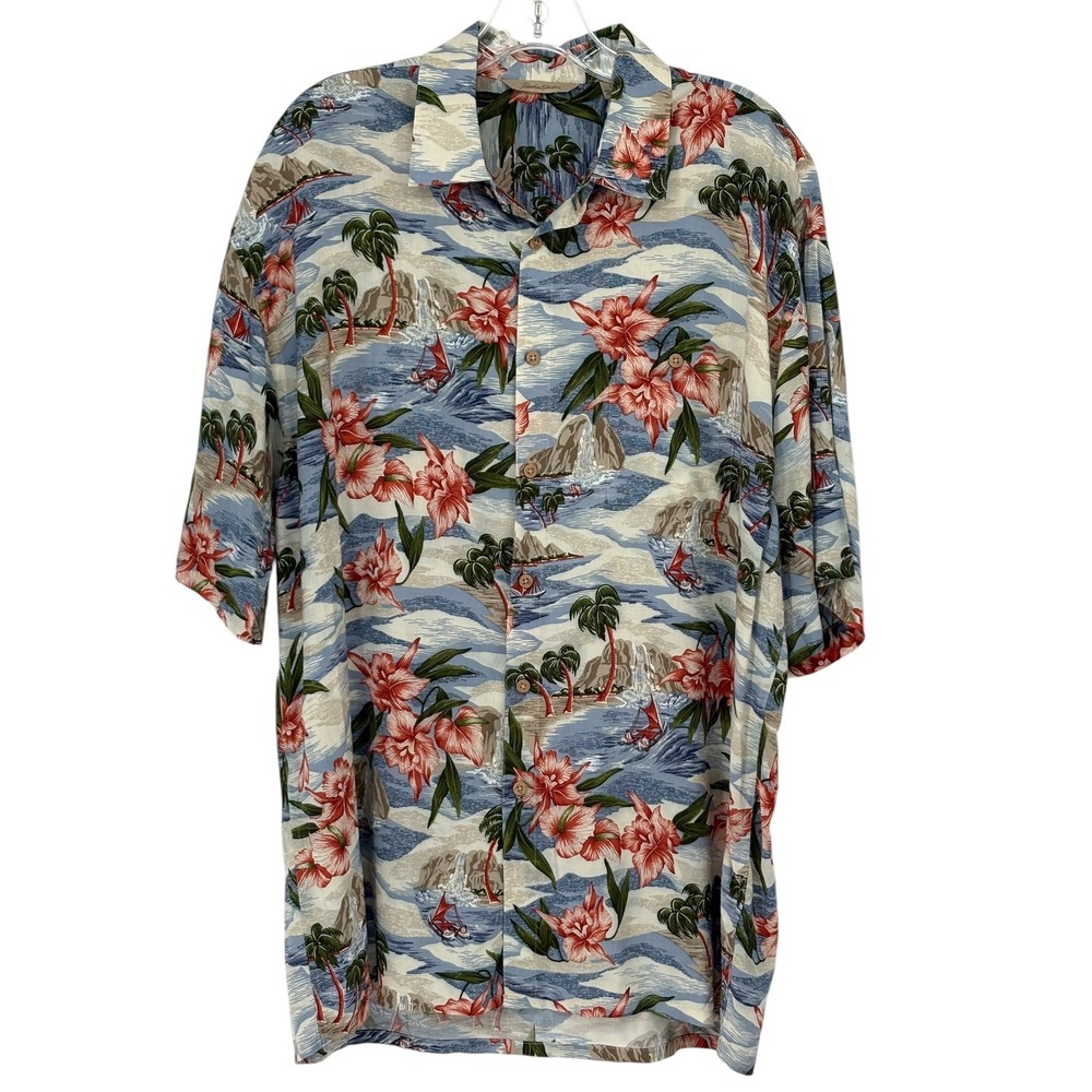 Paradise Collection Button Down Shirt Blue Tropical‎ Floral 100% Rayon Large